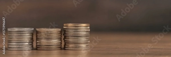 Fototapeta Coin Stacks: Three neat stacks of coins sit on a polished wooden surface, symbolizing finance, savings, and economic growth.