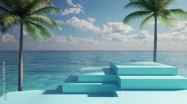 Fototapeta A geometric summer display platform in front of a blue ocean horizon, designed for product presentation.