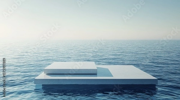 Fototapeta A geometric summer display platform in front of a blue ocean horizon, designed for product presentation.