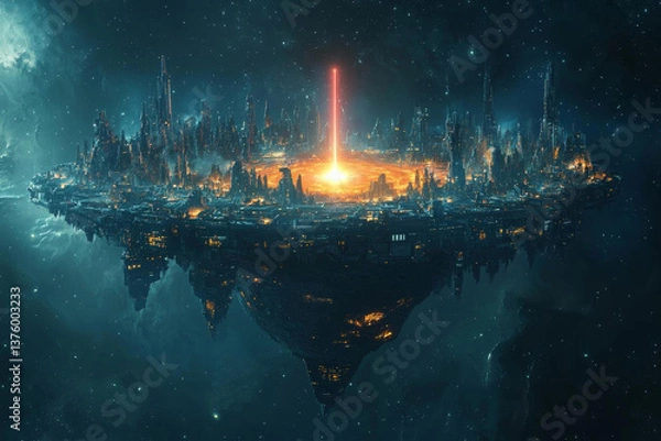Fototapeta Realistic cosmos celestial landscapes. stunning realistic depiction of celestial landscape showcasing floating city illuminated by vibrant beam in cosmos