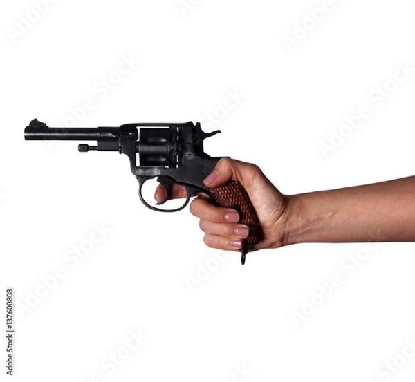Fototapeta Woman's hand with a gun on a white background