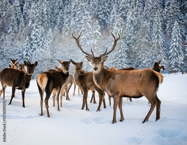 Fototapeta A noble deer with females in the herd against the background of a beautiful winter snow fore