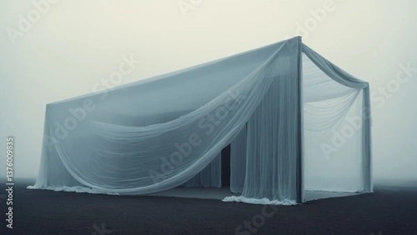 Fototapeta Ethereal Structure: A Transient Pavilion Wrapped in Mist, Offering a Moment of Serenity Amidst the Enigmatic Embrace of Fog.