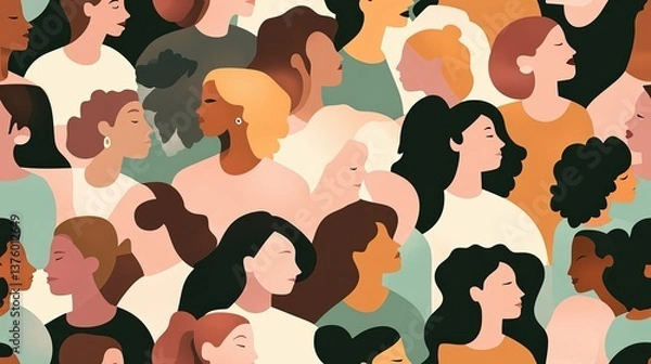Fototapeta Silhouette of Woman in Profile With Diverse Faces of Women Representing Allyship and Racial Equality