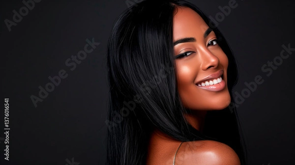 Fototapeta A young woman in profile with long dark hair shines against a neutral background. She is smiling, highlights hair and skin details, ideal for beauty, fashion or visual art concepts.