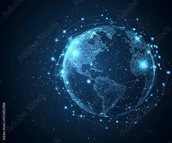 Fototapeta A digital world with glowing lines connecting cities, representing global connectivity and data flow in a networked society