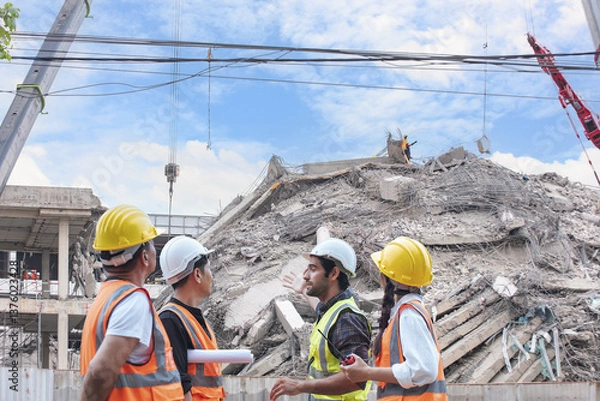 Fototapeta Group of construction engineers evaluates structural damage at a collapsed building site during post-disaster recovery and investigation process.