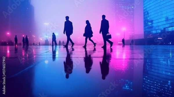 Obraz Futuristic Business Landscape: Elite Silhouettes Against Urban Night Skyline with High-Tech Transportation. Abstract Marketing Background Featuring Blue-Purple Gradient, Emphasizing Innovation in Logi