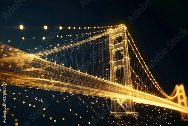 Fototapeta A golden bridge made of lines and particles, glowing in the dark background
