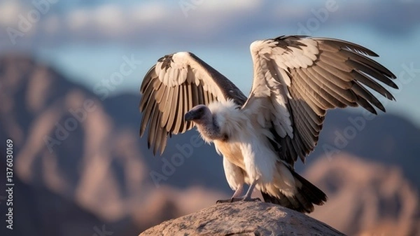 Fototapeta Vulture Perched on Rock with Wings Spread Wide Against a Mountainous Landscape