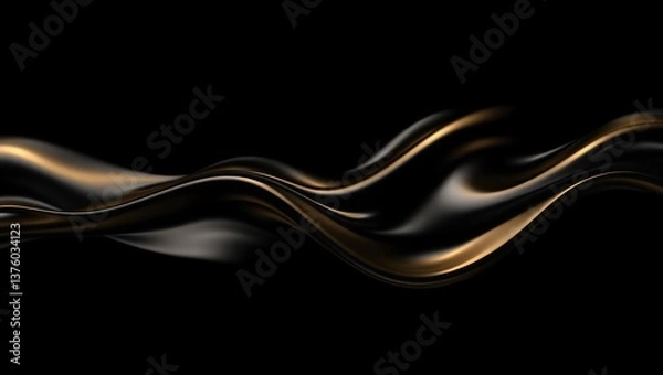 Fototapeta An abstract glossy black fluid design with golden reflections, resembling liquid metal