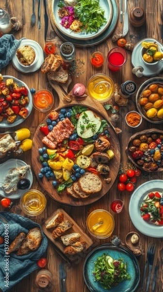 Fototapeta Top-down view of a rustic wooden table filled with colorful food and drinks dynamic layout