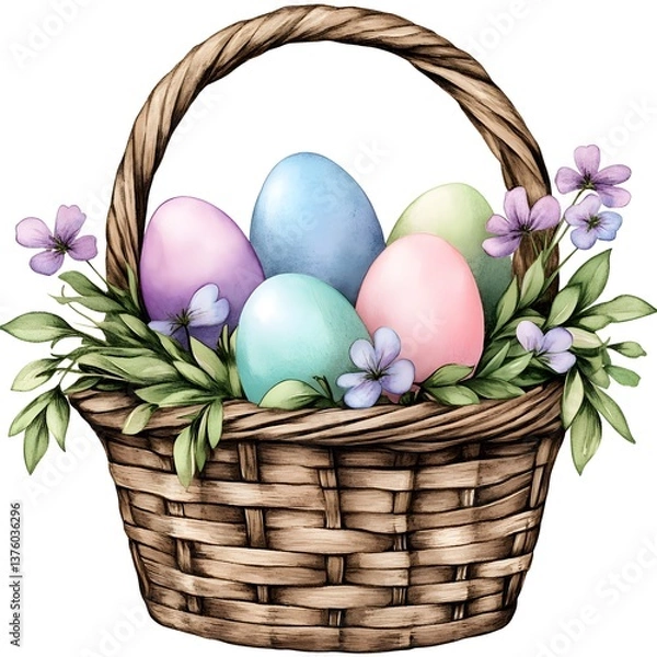 Fototapeta A vibrant watercolor of a wicker Easter basket overflowing with pastel colored eggs delicate floral blooms and lush greenery creating a festive and whimsical spring