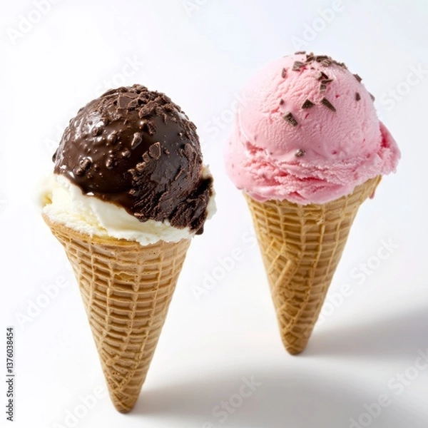 Obraz Enjoying Two Ice Cream Cones with Chocolate and Strawberry Flavors