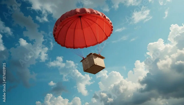 Fototapeta A cardboard box with an open lid is suspended in mid-air, gently descending with the help of a large red parachute against a bright blue sky