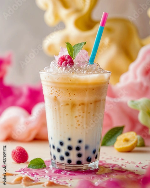 Obraz Bubble Tea Marvel – A vibrant portrayal of a trendy boba beverage showcasing chewy pearls, lively hues, and playful textures that epitomize this beloved refreshment.