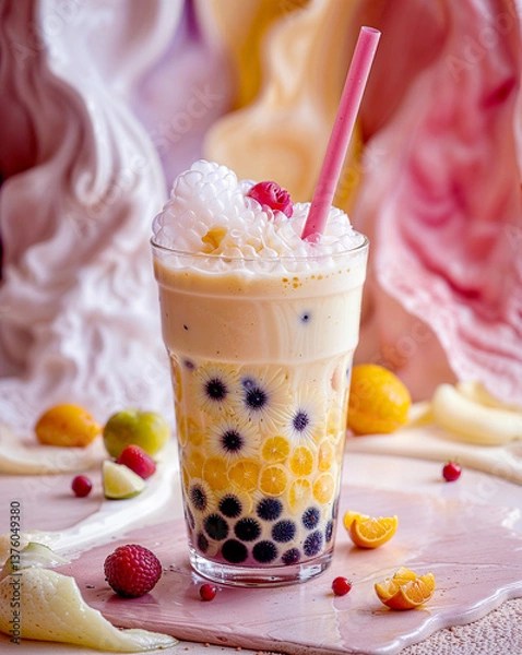 Obraz Bubble Tea Marvel – A vibrant portrayal of a trendy boba beverage showcasing chewy pearls, lively hues, and playful textures that epitomize this beloved refreshment.