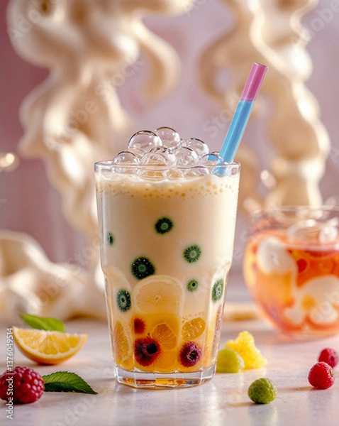Obraz Bubble Tea Marvel – A vibrant portrayal of a trendy boba beverage showcasing chewy pearls, lively hues, and playful textures that epitomize this beloved refreshment.