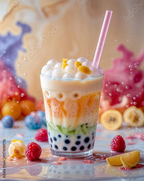 Obraz Bubble Tea Marvel – A vibrant portrayal of a trendy boba beverage showcasing chewy pearls, lively hues, and playful textures that epitomize this beloved refreshment.