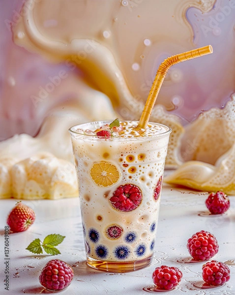 Obraz Bubble Tea Marvel – A vibrant portrayal of a trendy boba beverage showcasing chewy pearls, lively hues, and playful textures that epitomize this beloved refreshment.