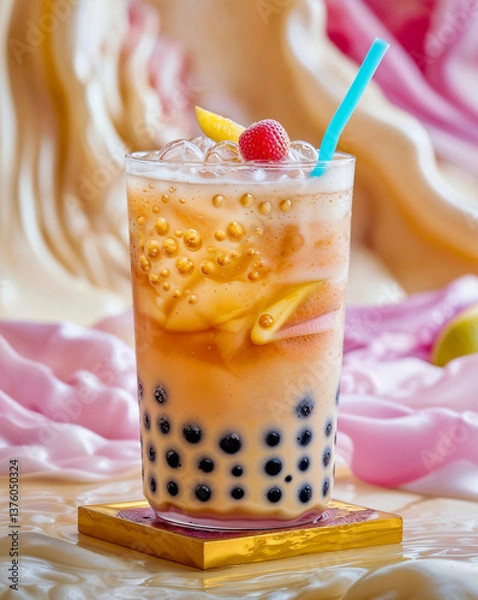 Obraz Bubble Tea Marvel – A vibrant portrayal of a trendy boba beverage showcasing chewy pearls, lively hues, and playful textures that epitomize this beloved refreshment.