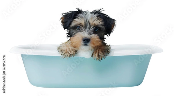 Obraz Cute Biewer Terrier dog in a bath with foam, isolated on transparent background, cute pet concept, realistic illustration, generative ai