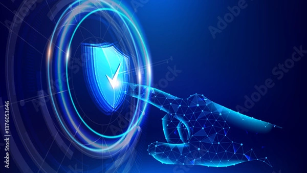 Fototapeta Hand touching shield symbol on futuristic interface blue digital background, concept of data protection and cyber security technology in network system. vector illustration.