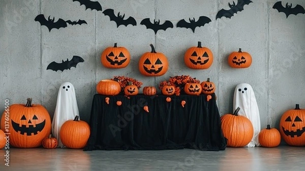 Fototapeta Halloween decor display with pumpkins and ghosts indoor setting festive atmosphere creative viewpoint