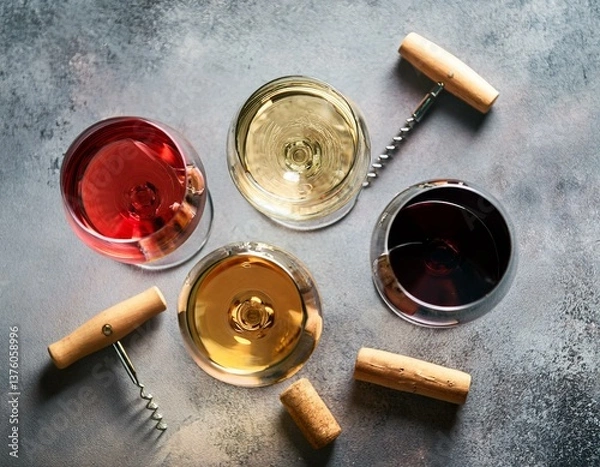 Fototapeta Flat-lay of red, rose and white wine in glasses and corkscrews over grey concrete background.