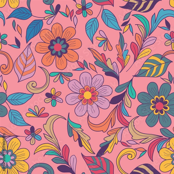 Fototapeta Hand drawn summer floral background. Botanical seamless pattern. Design for fashion , fabric, textile, wallpaper, wrapping . Vector illustration