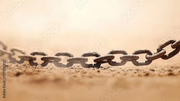 Fototapeta broken chain lies on dusty ground, symbolizing loss and separation in desolate environment