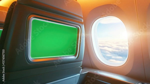 Obraz A green screen window inside an airplane, with the plane's sleek cabin and natural light shining through,A green screen on an aircraft window, capturing the light reflections from the airplaneâ€™s pol