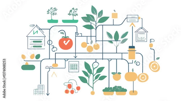Fototapeta Smart farming system diagram showing automated processes from planting to harvest and distribution