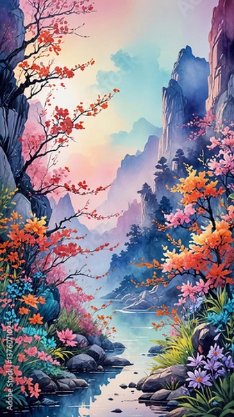 Obraz An oriental landscape with mountains and red flowers in the foreground. A spring scene bathed in a warm, tranquil sunset atmosphere.