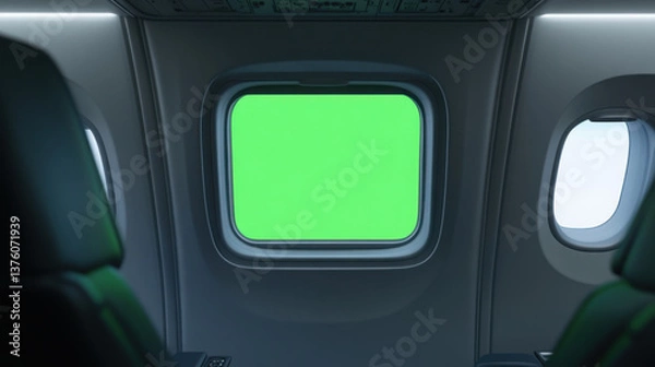 Obraz A realistic view of a green screen window inside an aircraft, framed by the sleek, modern interior of the airplane,A modern aircraft window with a green screen, the airplane's clean interior reflectin
