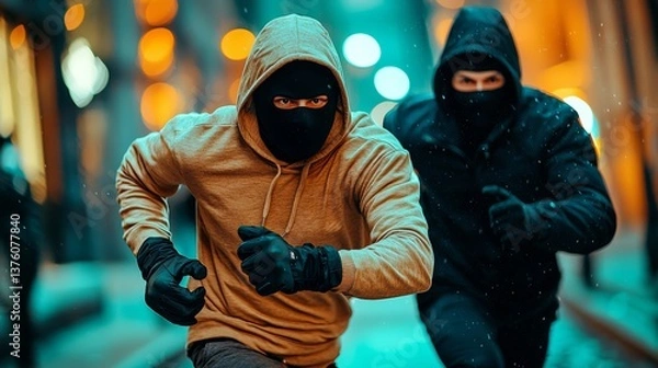 Fototapeta Criminal activity at dusk: Two shadowy figures fleeing through the city