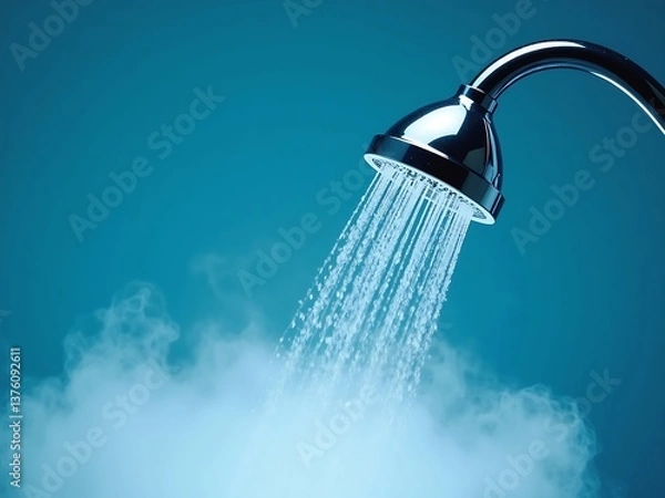 Fototapeta Modern shower head releasing clear water droplets against a blue background, with white steam below, creating a refreshing and relaxing minimalist scene."