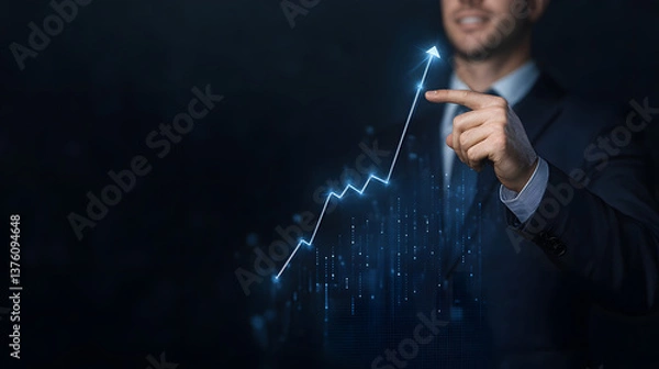 Fototapeta Businessman touching an upward-growing line graph on a virtual screen, symbolizing financial growth and success.
