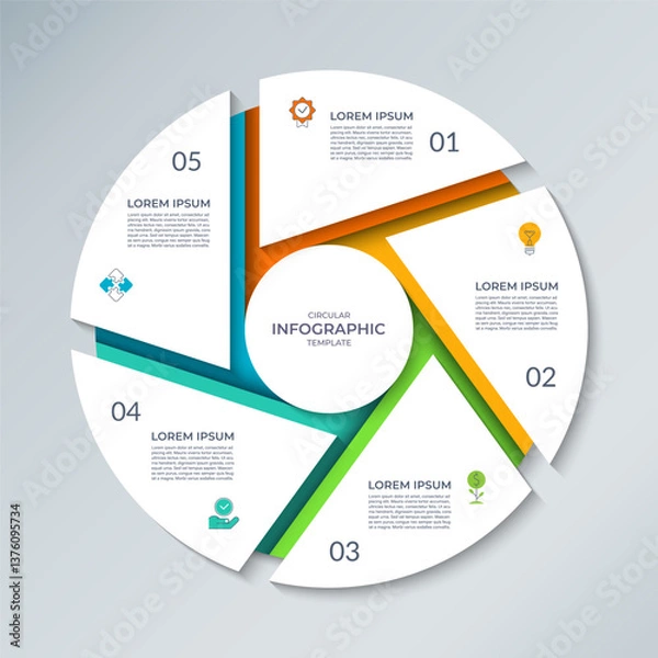 Obraz Vector infographic circle. Cycle diagram with 5 steps. Round chart that can be used for reports, business analytics, educational resources, marketing materials, visualizing data, presentations.