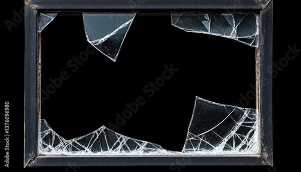 Obraz Broken window pane in a dark wooden frame isolated on black background.  Suitable for concepts of damage, destruction, vulnerability, or security.