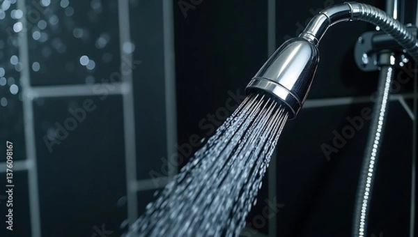 Fototapeta Close-up of a modern chrome handheld showerhead in use, with fine water jets, against a dark tiled wet wall, showcasing sleek design and reflective metal.