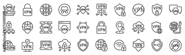 Fototapeta Set of 30 outline icons related to vpn. Linear icon collection. Editable stroke. Vector illustration