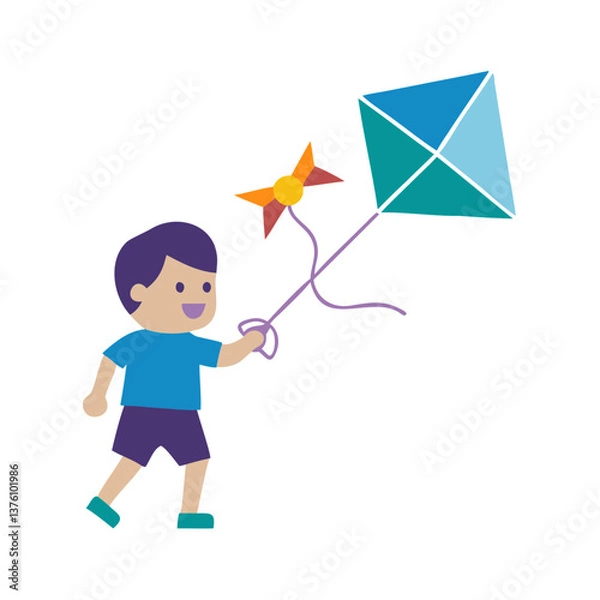 Obraz Joyful boy running with a colorful kite on a string in a bright outdoor setting
