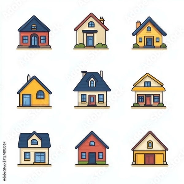 Fototapeta Different styles of houses represented in a grid format showcasing various architectural designs and colors