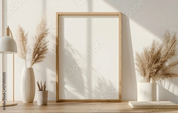 Fototapeta Frame Mockup on Desk with Pampas Grass and Lamp in Interior