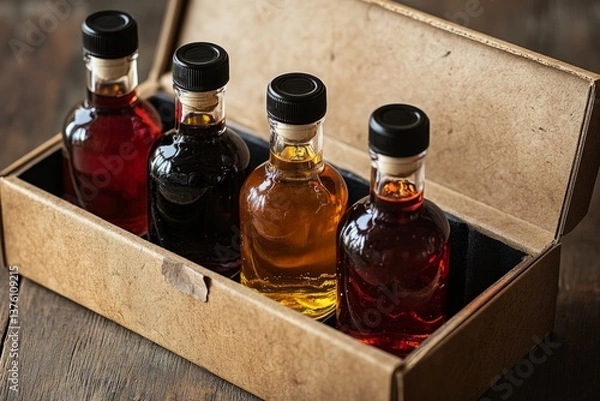 Fototapeta Four small glass bottles containing different shades of alcoholic beverages are neatly arranged in a cardboard box, creating an appealing presentation