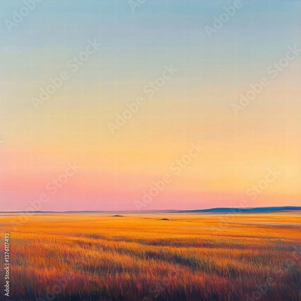 Obraz A wide shot of a large field at sunset, where the warm orange light casts long, realistic shadows on the tall grasses, and the clear sky above is bathed in pastel hues of pink, orange, and purple