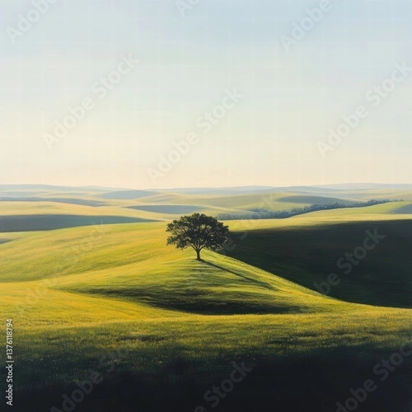 Obraz A wide, open field with a lone tree standing in the middle, the long shadows of the tree cast across the field as the soft breeze bends the surrounding grass in realistic, lifelike ways