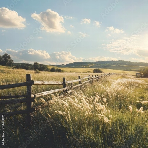 Obraz A large meadow with dense grasses and an old wooden fence, the grass flowing gently in the breeze and the sky providing a realistic contrast with the light on the fence and surrounding plants