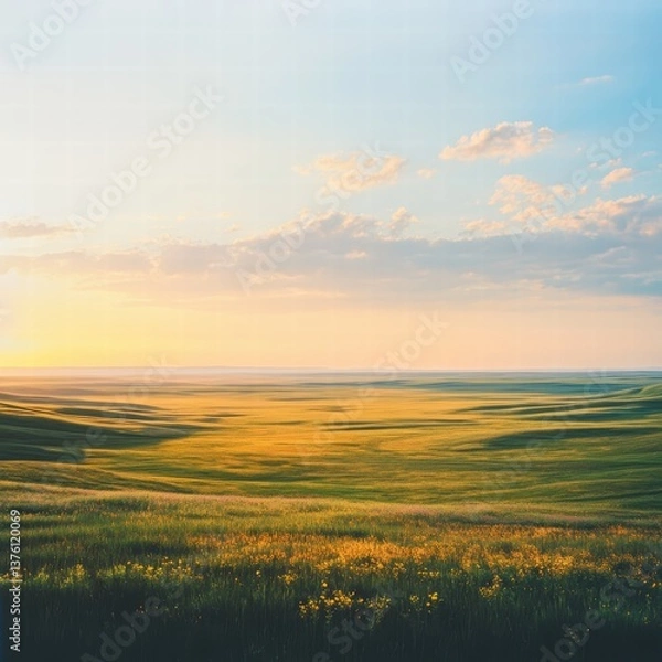 Obraz A wide shot of a vast prairie with the light shifting from golden to soft evening tones, the expansive field catching every ray of sunlight as the sky transitions into dusk, creating a peaceful,